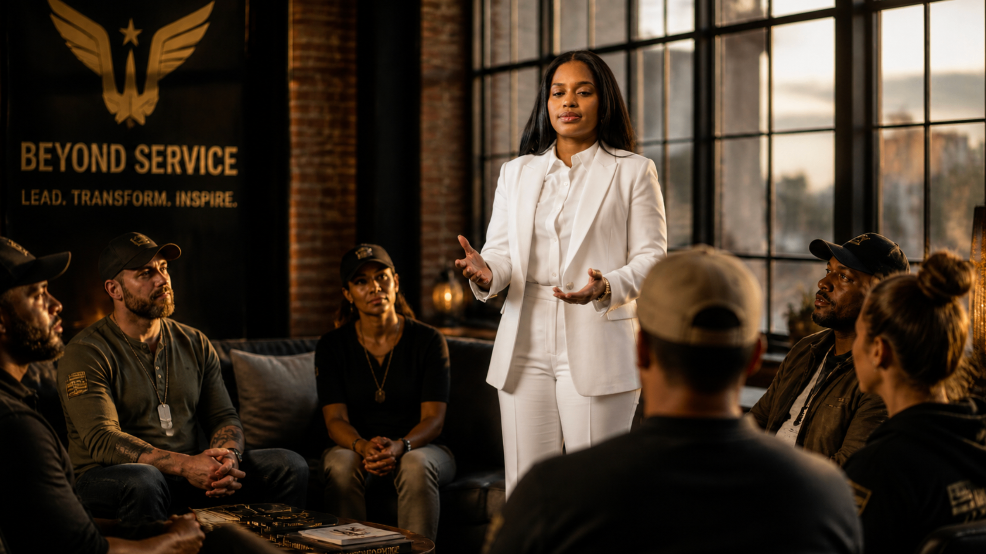 Coach Adanna Clarke, an African American mindset coach in white and gold, leading a group of American military veterans in civilian clothes